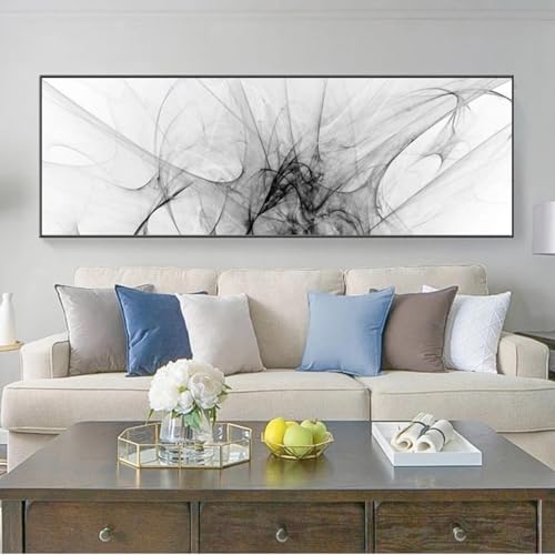 Peinture murale encre noire et blanche sur toile haut de gamme 40x120 cm avec cadre