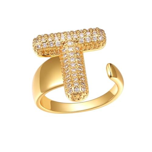 FindChic Initial Ring for Women, Gold Plated Chunky Letter Rings Open Adjustable Trendy Sparkling Cubic Zirconia Personalized Statement Rings Jewelry Gift Letter-T