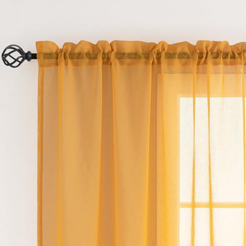 Image of Yellow Sheer Curtains 95 inch Length 2 panels, Rod Pocket Semi Sheer Privacy Curtains, Window Treatments Soft Voile Drapes for Windows Living Room Bedroom French Doors Doorway Divider, 52 inchWx 95 inchL