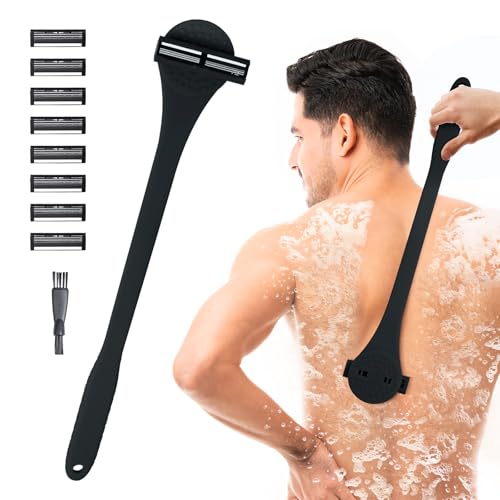 ETbyto Back& Body Shavers for Men: The DIY Back Hair Shavers for Men with Long Bendable Ergonomic Silicone Handle,8 of The Wet or Dry Disposable Razor Blades,Bath Brush Included,Black