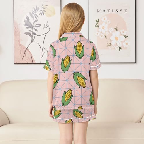 Satin Pajama Sets Short Sleeve Cartoon Corn Pink Background Button Down Silky Nightwear 2 Piece PJS 5-14Y4
