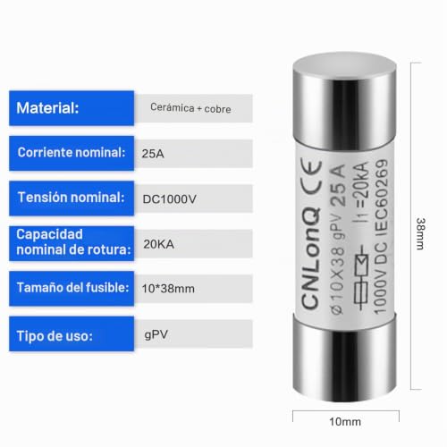 Miniatura 4 de Dewin Fusibles Fotovoltaicos,Fusible Fotovoltaico Solar Dc1000v 25a Fusibles Solares 10x38 Mm Enlace De Fusible Tipo Gpv,Para Protección Del Sistema Solar Fotovoltaico 25a