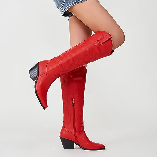 White Cowgirl Boots Wide Calf Cowgirl boots- Western Style Embroidered Knee High Cowboy Boots with Pointed Toe Chunky Heel Fashion Retro High Boot Pull-On3