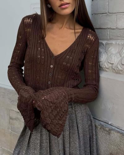 Women Crochet Cardigan Button Down Bell Long Sleeve V Neck Knit Crop Shirts Lightweight Sweater Tops2
