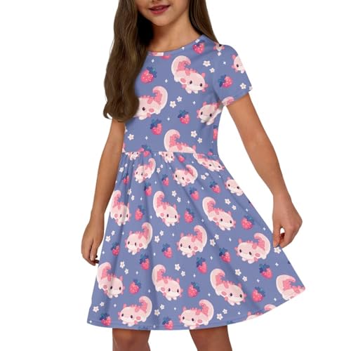 Image of Girls Dress with Pockets Basic Short Sleeve High Waist Swing Skater Dress School Party Dress for Kids