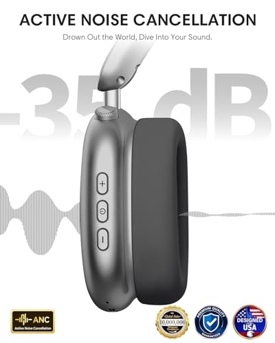 Image of Wentronic Y02 Active Noise Cancelling Headphones, Wireless Over-Ear Bluetooth 5.4 Headphones with Microphone, 60H Playtime, Hi-Res Audio, Big Bass, Foldable Lightweight for Travel Home Office, Grey