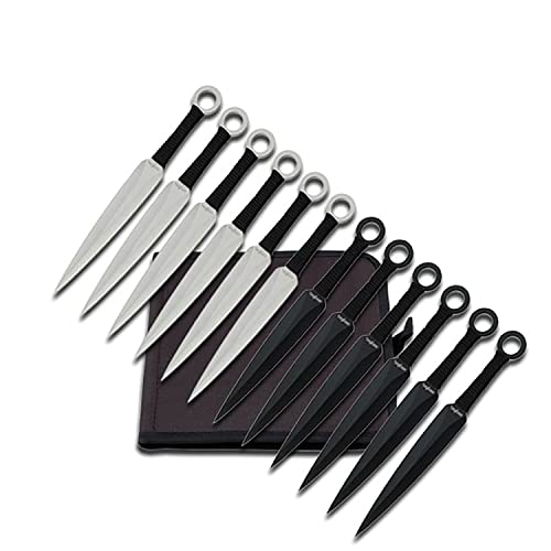 Perfect Point RC-086-12 Throwing Knife Set with 12 Knives, Silver and Black Blades, Cord-Wrapped Handles, 8-1/2-Inch Overall
