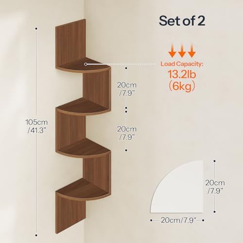 Image of HOOBRO Corner Shelf Wall-Mounted, Set of 2 Floating Corner Shelves for Wall, 4-Tier Corner Bookshelves for Living Room, Bedroom, Bathroom, Home Office, Walnut WL25BJP201