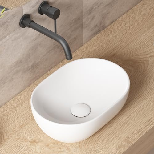 OCEALAGOON - Fregadero de baño pequeño, 15 x 10 pies, ovalado, para baño, lavabo de cerámica blanca de porcelana para baño, fregadero moderno de encimera, lavabo de tocador, lavabo artístico