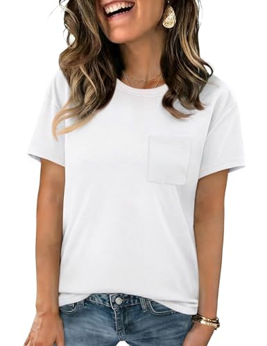 Crewhpo Camiseta Mujer Manga Corta Cuello Redondo Básica Top con Bolsillo Elegante Túnica Blusas Verano Camisetas Sólido Casual Ligera