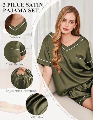 Image of Silk Pajamas for Women Short Sleeve Satin 2 Piece Pj Set Soft V Neck Sleepwear Loungewear, S-XXL