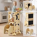 COSYLAND Torre Montessoriana Bambini 4 in 1 - Torretta Montessoriana Vincitrice IDEA Award, Set Scrivania e Sedia in Legno con Doppia Lavagna(Naturale Classico)