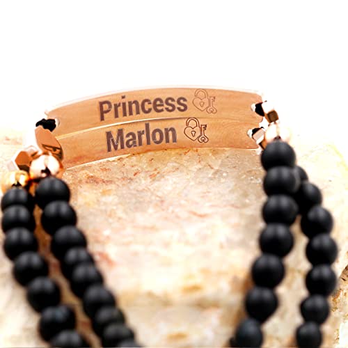 2 Pieces Customized Name Id Bracelets For Women Girls Best Friend, Black Matte Agate Stone Personalized With Rose Gold Plated Stainless Steel Engraving Plate Y1451, Plate-2 Pieces, Adjustable #TOP7