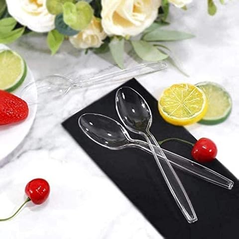 Heavy Duty Clear Plastic Spoons Pack of 50, Plastic Spoons Reusable, Perfect Plastic Cutlery for Use at Parties, Events and Picnics Cover