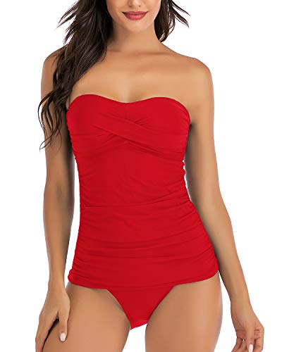 Image of Shuangyu Women's Twist Front Bandeau Tankini Set Two Pieces Ruched Tummy Control Suimsuit with Mid Waist Briefs