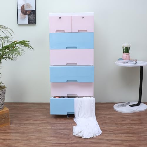 Image of The Tickle Toe Plastic Chest of 7 Drawers for Kids | Pink & Blue Multipurpose Organizer with 2 Locks | Dresser Storage Cabinet for Toys & Clothes | Glossy Finish | 51L x 33W x 121H cm