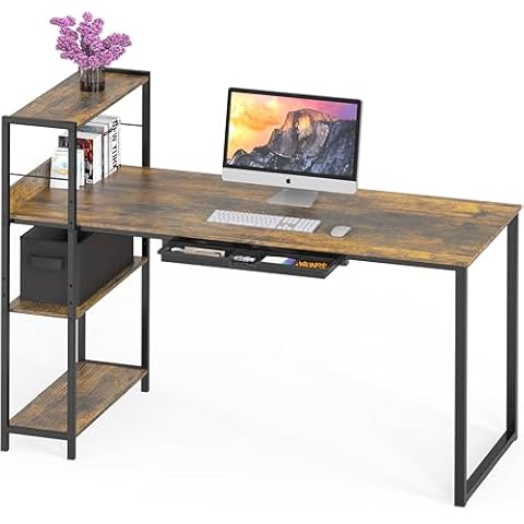 SHW 46-Inch Computer Desk with Adjustable Side Shelf and Drawer, 24" Deep, Rustic Brown Cover