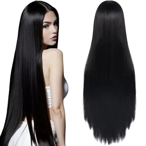 Perruque noire longue droite avec filet à cheveux pour cosplay