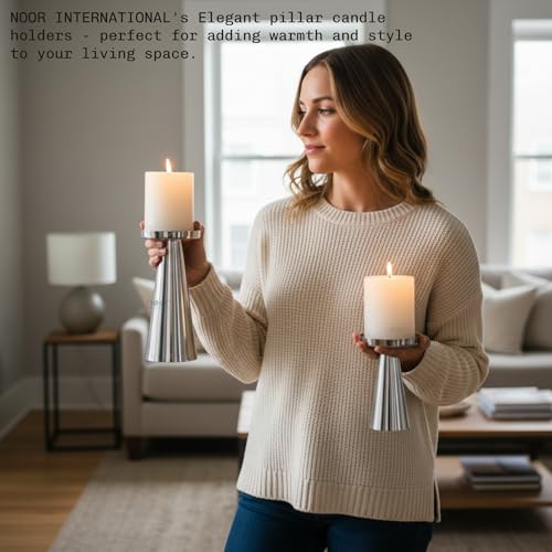Image of ππππ πππππππππππππ | Metal Pillar Candle Holder Set of 2 | Table Centerpieces Coffee Tables | Candles Stand for Christmas Home Decor Gift | Wedding Gift (Shiny Silver - Set of 2 PCs)