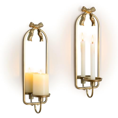 Walasis Gold Candle Sconces Wall Decor: Modern Decorative Wall Candle Holder Set of Two for Bedroom - Vintage French Metal Mirror Candle Sconces Beside Fireplace TV