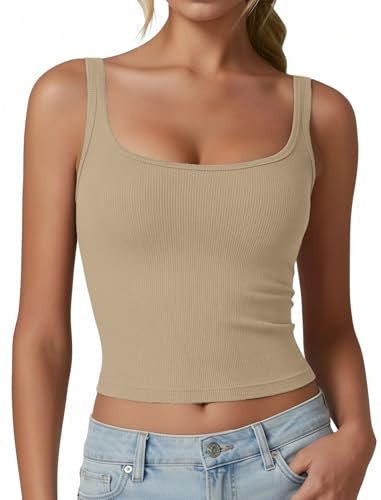 Avidlove Women's Tank Tops Womens Ribbed Tank Tops Summer Womens Square Neck Scoop Neck Top Fitted Basic Slimming Cute Top Khaki