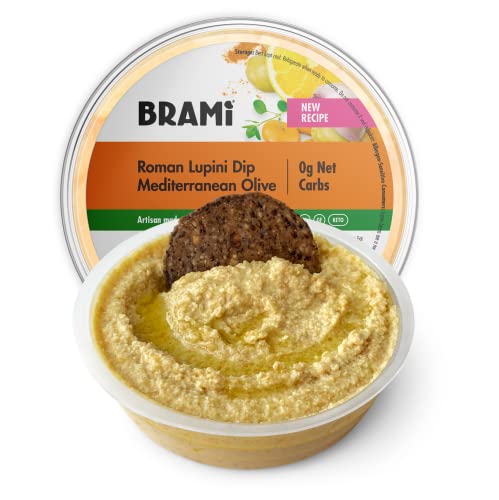 BRAMI Roman Lupini Bean Dip, Spread & Hummus | 0g Sugar, 0g Net Carbs | Keto, Vegan, Vegetarian, Mediterranean, Non-Perishable, Shelf-Stable, Low Carb, Low Calorie | 10oz (Mediterranean Olive, 4 Count)
