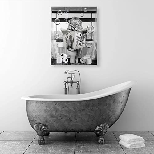 Funny Lion Canvas Wall Art Black And White Pictures Farmhouse Bathroom Wall Decor Lion Sitting In Toilet Reading Newspaper Painting For Toilet Bathroom Animals Artwork Framed 12"X16" #TOP5