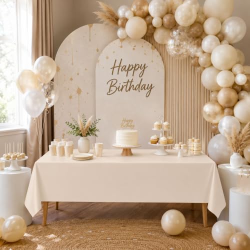 Image of Blue Orchards Beige Plastic Table Cover (Pack of 3 with 20 Glue dots) - 54 inch x 108 inch - Beige Waterproof & Disposable Tablecloth, Neutral Boho Chic Decor for Wedding, Wedding Decoration, Party Supplies
