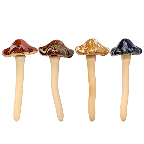 Funny Live 4 Pieces Mushrooms Stakes Figurine Set, Small Ceramic Accessories Embellishment For Garden Landscaping Potted Plants Flowerpots Gardening Lawn Decor #TOP8