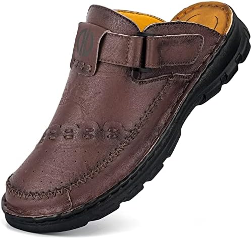 BUGUKI Mens Leather Sandals Summer Clogs Closed Toe Sandals Outdoor Beach Casual Mules Dark Brown 44