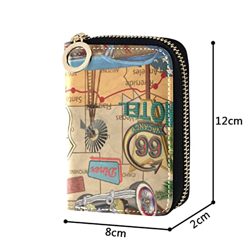 Vintage Route 66 Poster Blue, Yellow, Green Cars Motorcycle USA Flag Grey Credit Card Coin wallet, RFID Blocking Compact Women Leather Card Holder, Key Change Organizer, Zipper Purse Clutch Pouch4