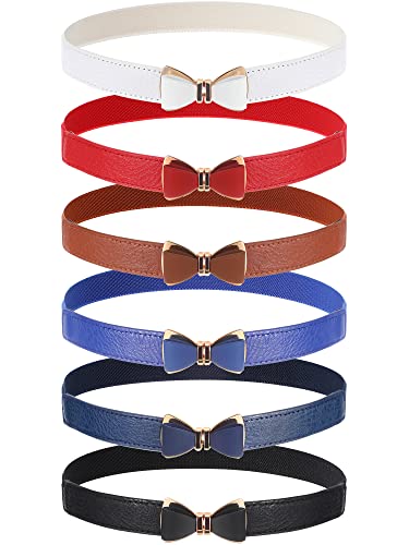 Zhanmai 6 Pieces Women Bow Skinny Elastic Waist Belt Faux Adjustable Leather Stretchy Belt 1.18 Inch Wide Thin for Dress Women Girls, 6 Colors - Main Image