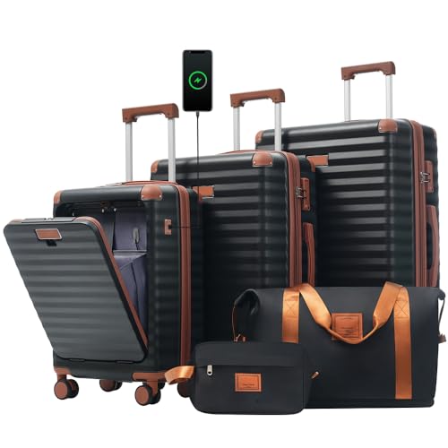 Luggage Sets 5 Piece with Front Opening, Hardside Expandable Carry on Suitcase with Spinner Wheels TSA Lock USB Port Cup Holder (Black Brown + ABS)