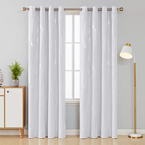 Deconovo Blackout Curtains for Living Room 90 Inch Drop Wave Line Foil Printed Energy Saving Thermal Insulated Eyelet Curtains for Doors with 52 x 90 Inch Silver Grey Two Panels - Image 2