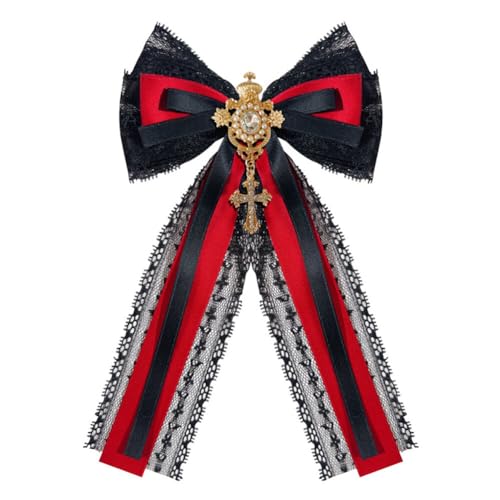 Image of Lace Ribbon Bow Tie Brooch Rhinestone Pearl Necktie for Girl Women Fashion jabot collar brooch pins Pre-Tied Corsage