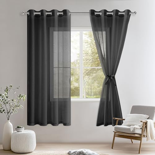 DWCN Lot de 2 Rideaux Voilages à Oeillets pour Fenêtre, Rideau Transparents avec Embrasses pour Salon Chambre d'enfant, Noir, 132x160cm (Largeur x Hauteur)