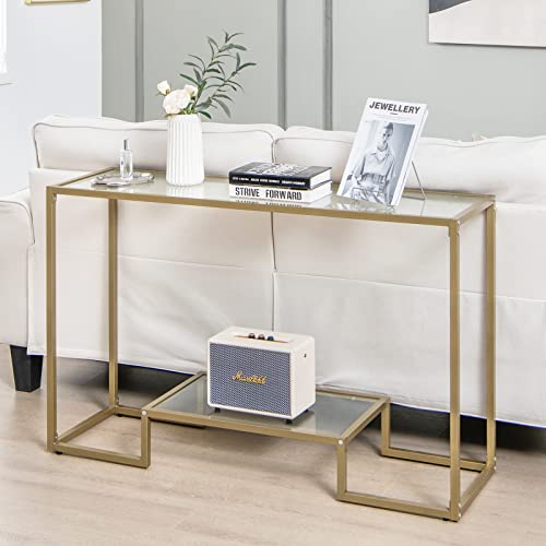 Costway 48” 2-Tier Console Table, Modern Deluxe Entryway Table With Tempered Glass Tabletop & Golden Metal Frame, Multifunctional Narrow Sofa Table With Storage Shelf, For Hallway, Entrance #TOP1