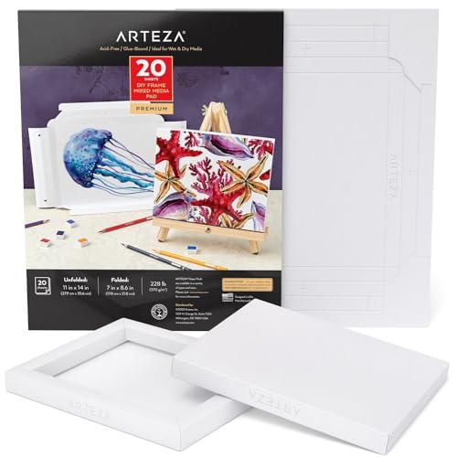 ARTEZA Mixed Media Paper Foldable Canvas Pad, 7X8.6 Inches, 20 Sheets, DIY Frame, Heavyweight Multimedia Paper, 228 Lb, 370 GSM, Acid-Free, Wood Pulp Canvas Pad for Painting & Mixed Media Art