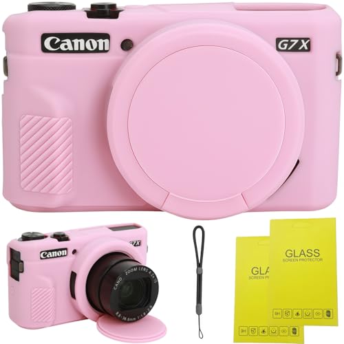 Case for Canon G7 X Mark II Camera Soft Silicone Protective Case with Improved Down-Open Design Lens Fully Clear Includes 2 Screen Protectors & 1 Wrist Strap Lightweight Anti-Scratch (Pink)
