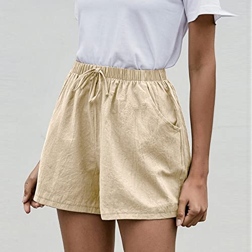 Womens Solid Cotton Linen Shorts Casual Drawstring Elastic Waist Summer Basic Shorts With Pockets Running Track Shorts #TOP7