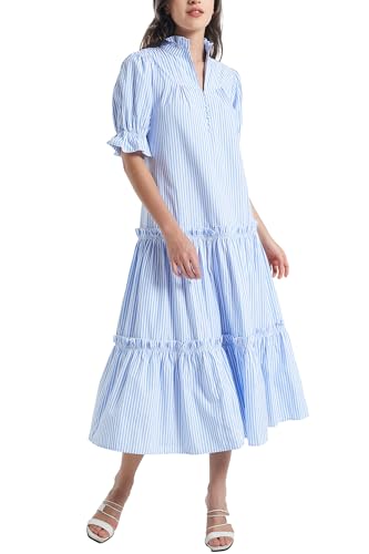 D-Sun Women Casual Button Down Maxi Dress Short Puff Sleeves Stand Collar Tiered Elegant Flowy Swing Long Dress with Tie