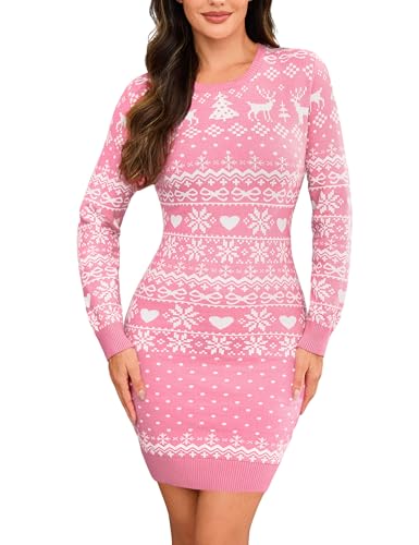 Wayleb Weihnachtskleider Damen Strickkleid Rundhals Weihnachtskleid Pullikleid Weihnachts Frauen Kleider Minikleid für Winter Weihnachtsfeier, Rosa S
