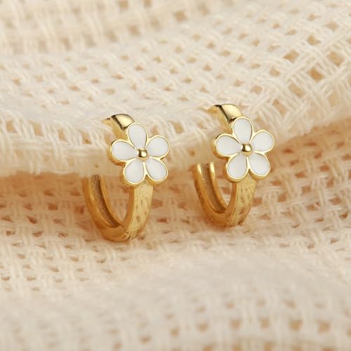 MILACOLATO 925 Sterling Silver Flower Hoop Earrings Toddler 18K Gold Plated Small Huggie Hoop Earrings Hypoallergenic Daisy Hoop Earring for Women Valentines Mother's Day Birthday Gifts4