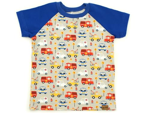 Kleine Könige Baby Kinder T Shirt Jungen · Modell Polizei Feuerwehr Autos Happy Cars grau, Royalblau · Ökotex 100 Zertifiziert · Größe 98/104