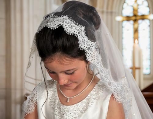 Merroyal Girls Tulle Lace Edge Mantilla First Communion Veil for Church Ceremony,White,43 Inch4