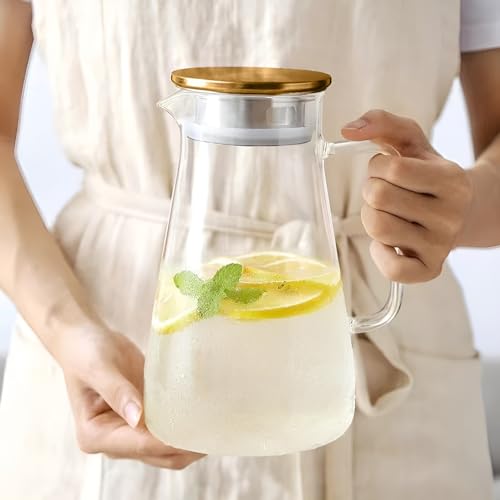Image of Borosilicate Water Jug with Lid, Stainless Steel Air Tight Lid, Iced Tea Pitcher, Water Jug, Hot Cold Water, Milk and Juice Beverage Carafes - 1800ml Water Glass Jug (Glass Water Jar)