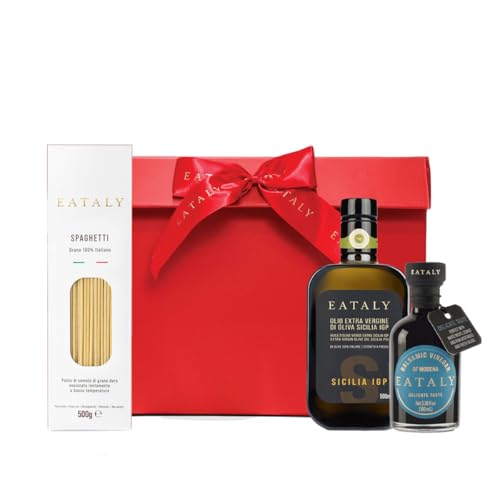 Eataly Savory Flavors 3 Piece Gift Box Set- 1 Box of Spaghetti (17.6 Oz), 1 Bottle of Sicilia PGI Extra Virgin Olive Oil (8.5 Oz) & 1 Bottle of Balsamic Vinegar of Modena PGI Delicate (3.5 oz) with Red Gift Box