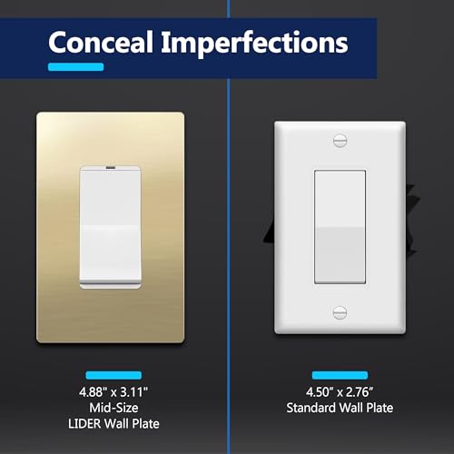 Image of LIDER Screwless Metal-Surface Wall Plate, Decorator Switch Cover, Temperature and Impact Resistant, Modern Upgrade, Mid-Size 1-Gang 4.88 inch x 3.11 inch, UL Listed, Stainless Steel, Brushed Brass, 2-Pack