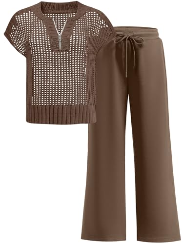 ANRABESS Womens 2 Piece Outfits Crochet Knit Half Zip Sweater Top Wide Leg Pants Summer Lounge Matching Sets Travel Clothes Brown Small