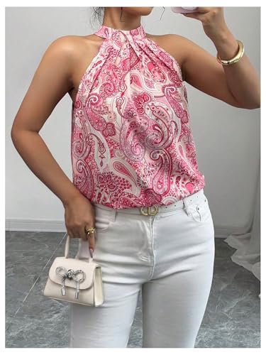 Image of RoseSeek Women's Tropical Paisley Halter Blouse Boho Shirt Vacation Tops